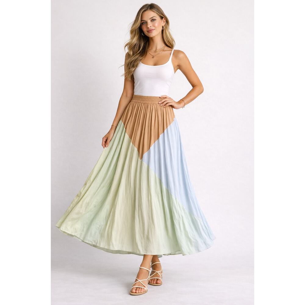 S/W/F Colorblock Pleated Midi Skirt Pastel Blue Green Tan Size M NWOT